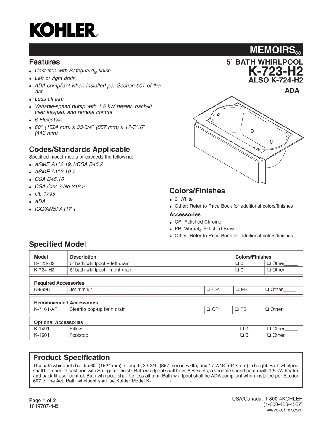 Kohler K-723-H2 manual 