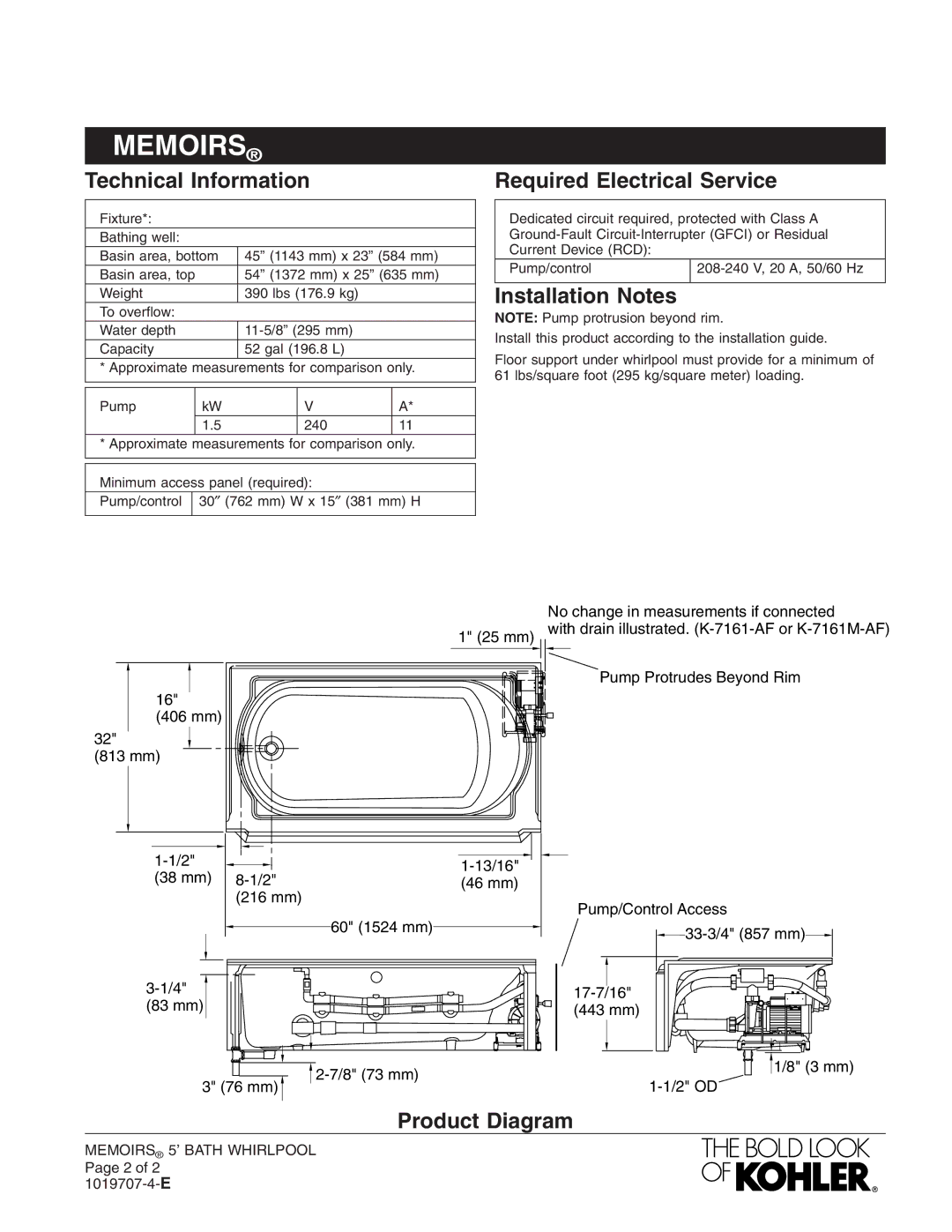 Kohler K-723-H2 manual Technical Information, Required Electrical Service, Installation Notes, Product Diagram 