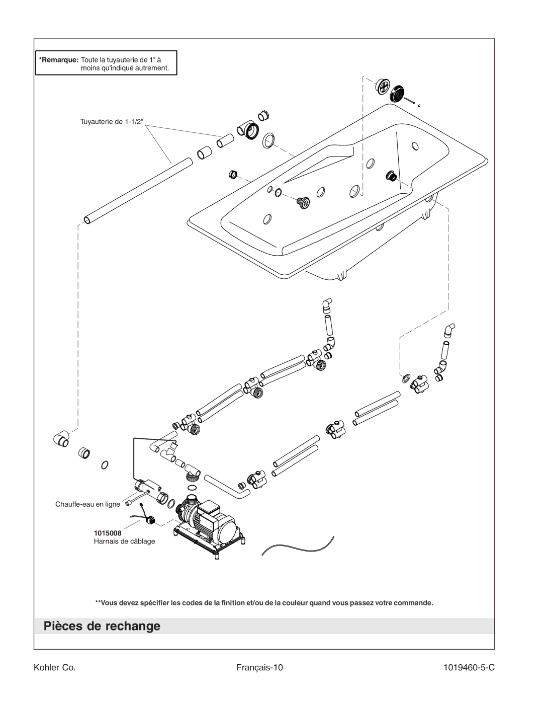 Kohler K-812-H2 manual Pièces de rechange, Kohler Co Français-10 1019460-5-C 