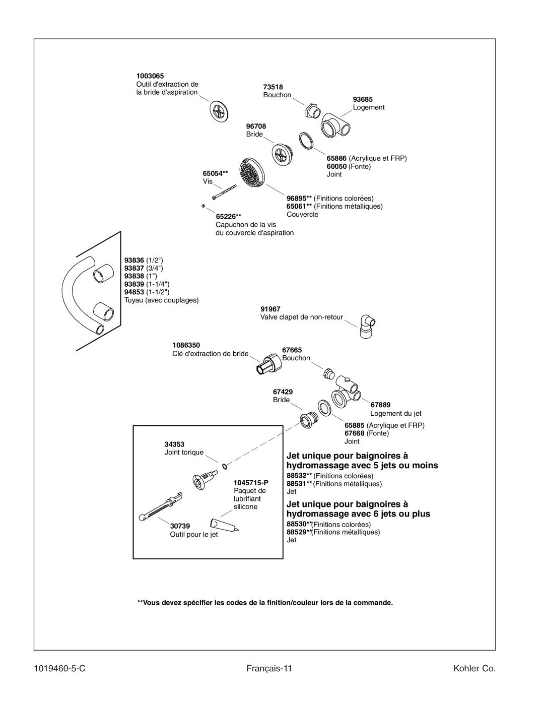 Kohler K-812-H2 manual Hydromassage avec 6 jets ou plus, C Français-11 Kohler Co 