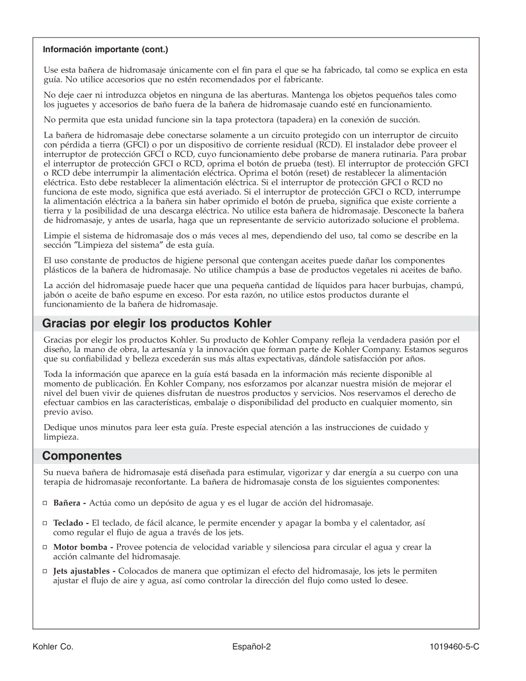 Kohler K-812-H2 manual Gracias por elegir los productos Kohler, Componentes, Información importante 