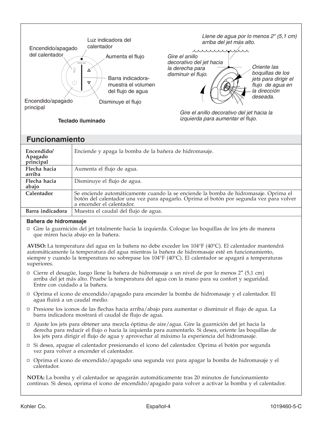 Kohler K-812-H2 manual Funcionamiento, Luz indicadora del, Teclado iluminado, Bañera de hidromasaje 