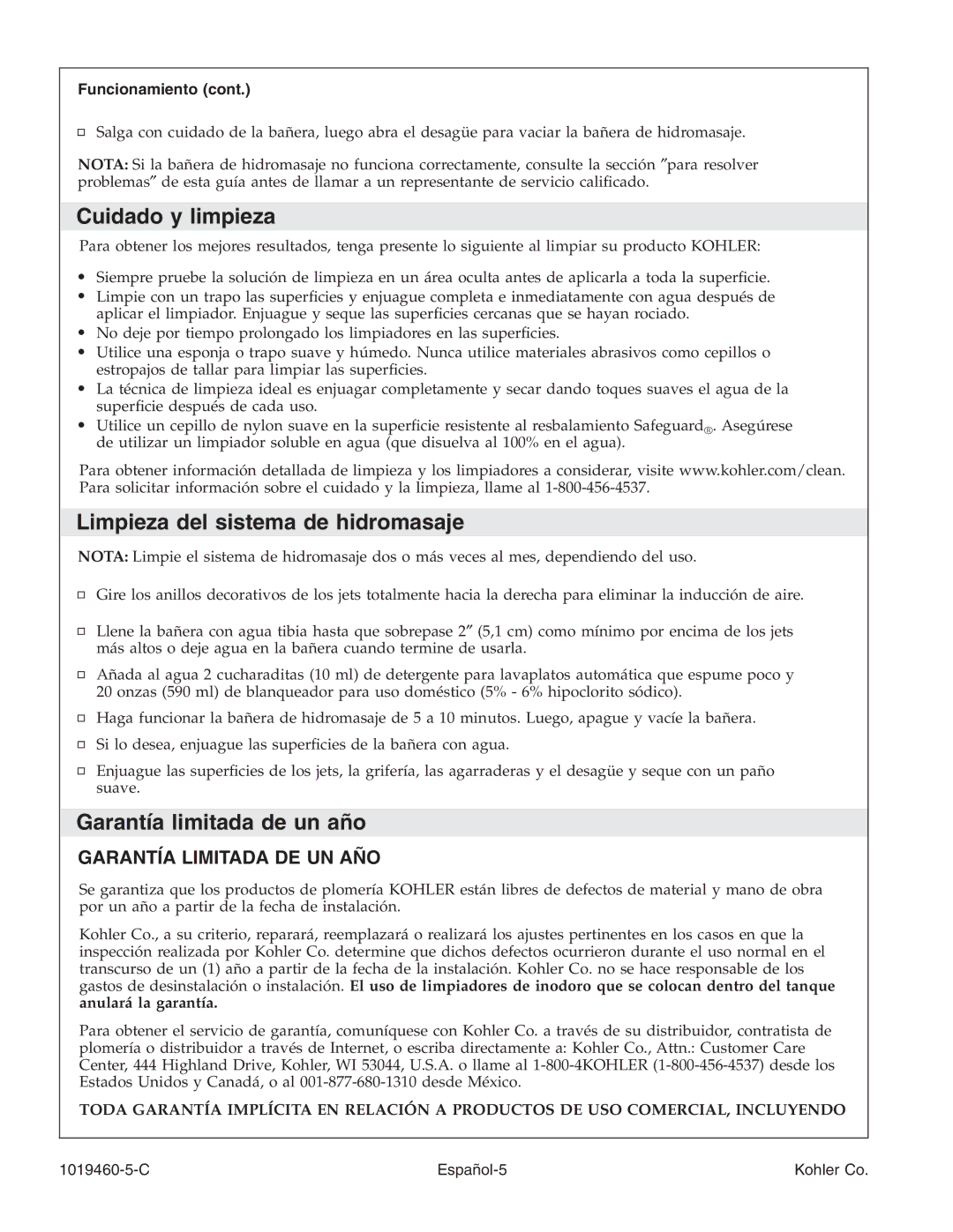 Kohler K-812-H2 manual Cuidado y limpieza, Limpieza del sistema de hidromasaje, Garantía limitada de un año, Funcionamiento 