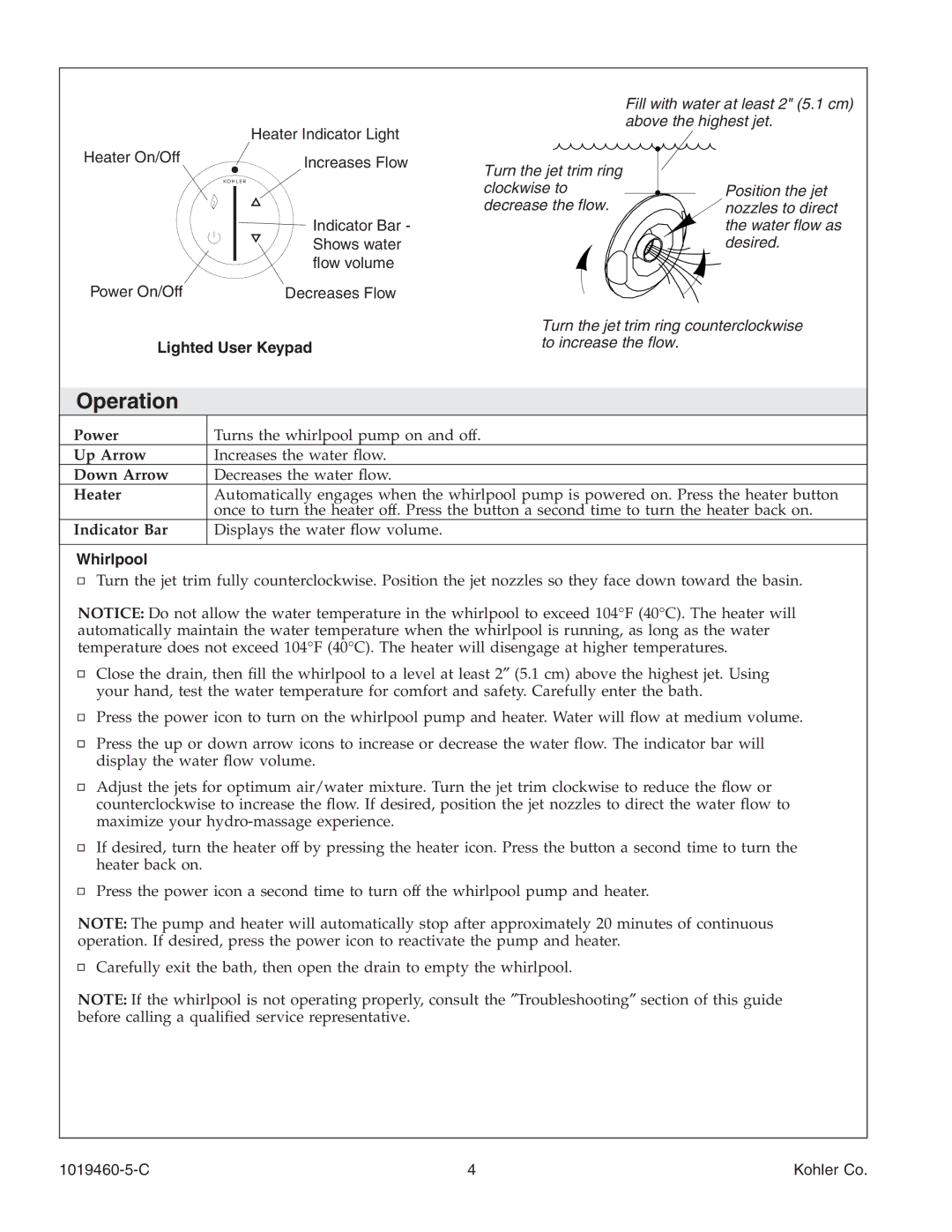 Kohler K-812-H2 manual Operation, Lighted User Keypad, Whirlpool 