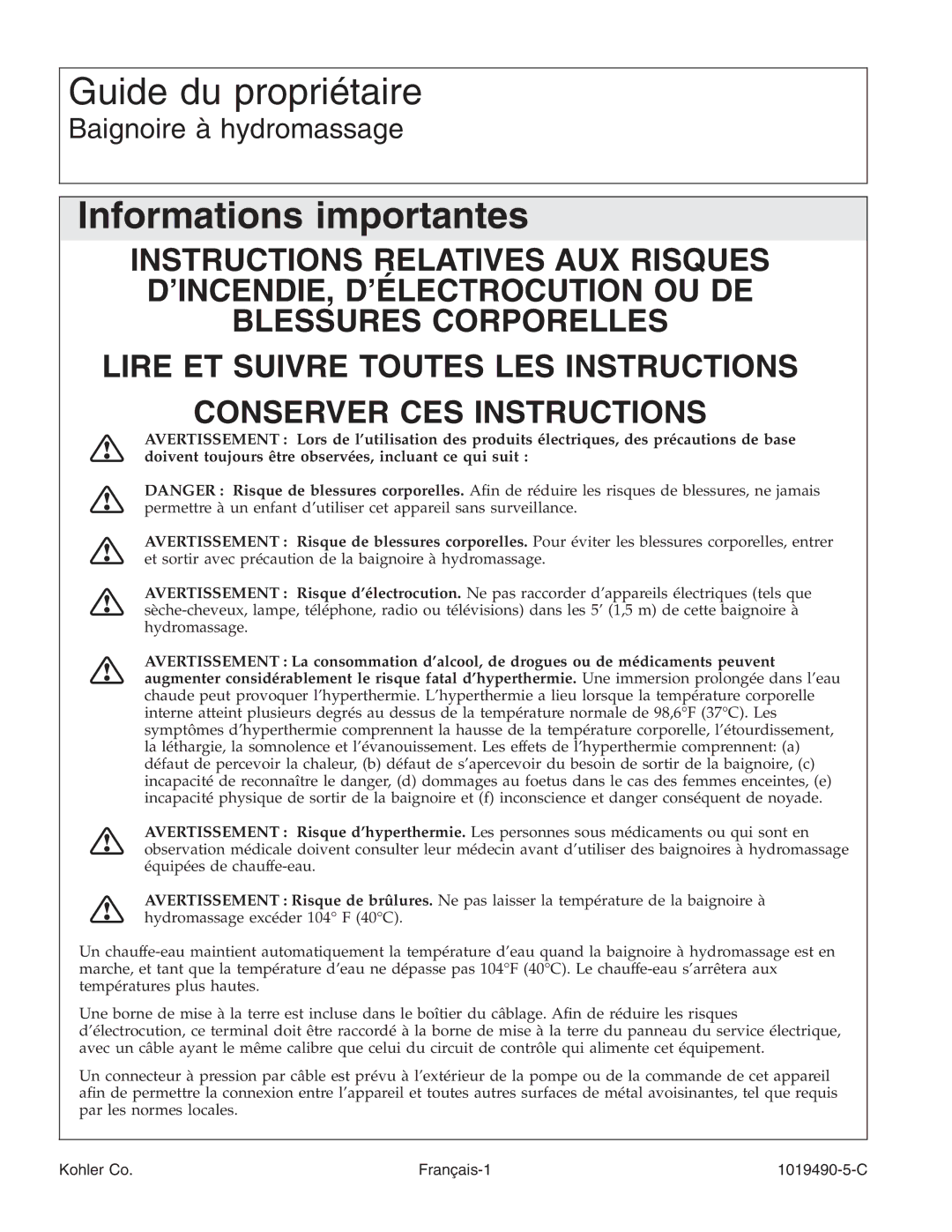 Kohler K-812-N1 manual Informations importantes, Kohler Co Français-1 1019490-5-C 