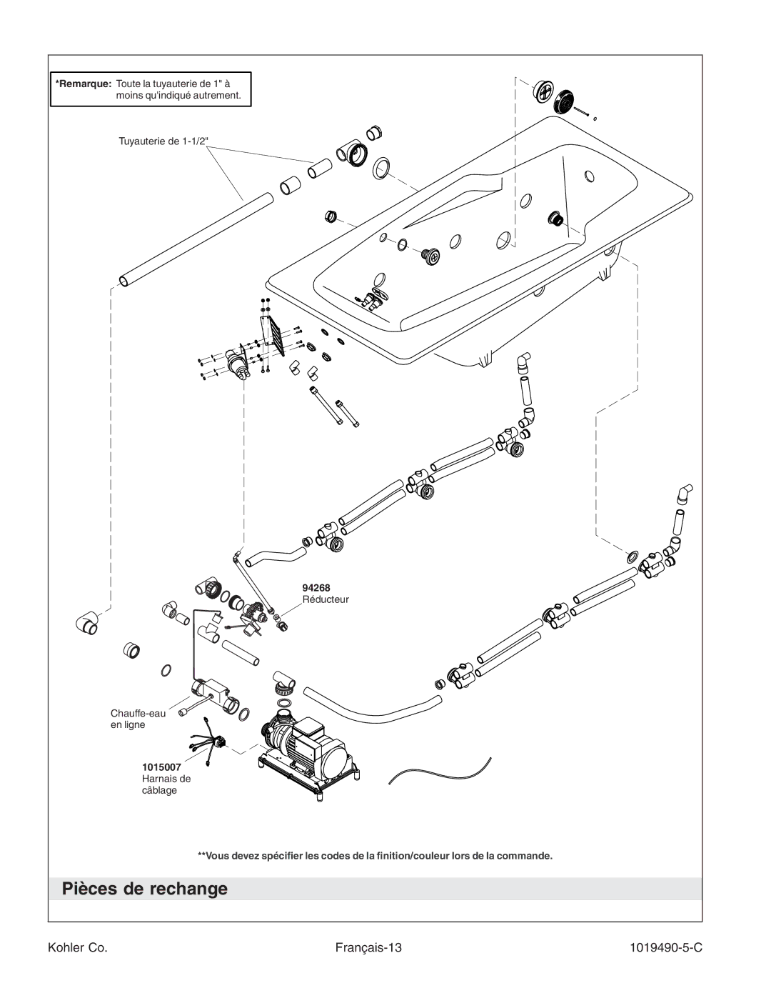 Kohler K-812-N1 manual Pièces de rechange, Kohler Co Français-13 1019490-5-C 