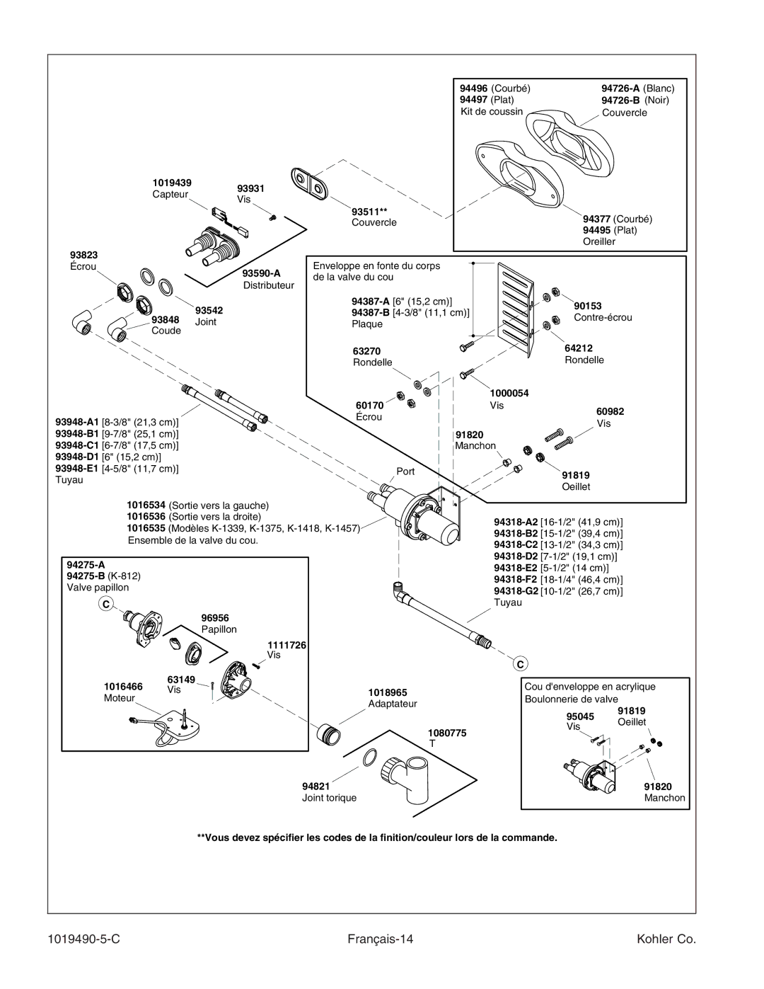 Kohler K-812-N1 manual C Français-14 Kohler Co, 93511** Couvercle 