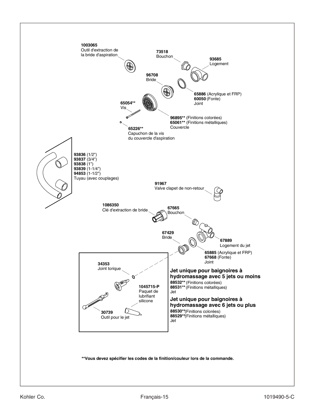 Kohler K-812-N1 manual Hydromassage avec 6 jets ou plus, Kohler Co Français-15 1019490-5-C 