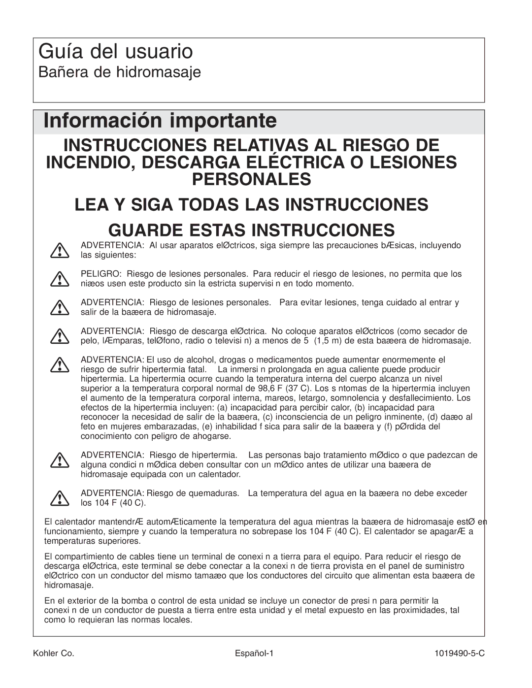 Kohler K-812-N1 manual Información importante, Kohler Co Español-1 1019490-5-C 