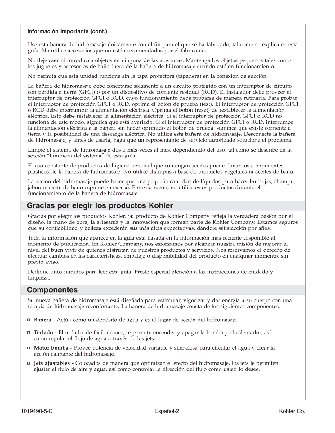 Kohler K-812-N1 manual Gracias por elegir los productos Kohler, Componentes, Información importante, C Español-2 Kohler Co 