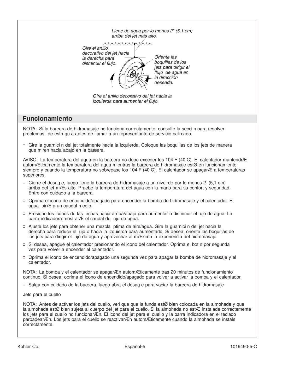 Kohler K-812-N1 manual Funcionamiento, Jets para el cuello, Kohler Co Español-5 1019490-5-C 