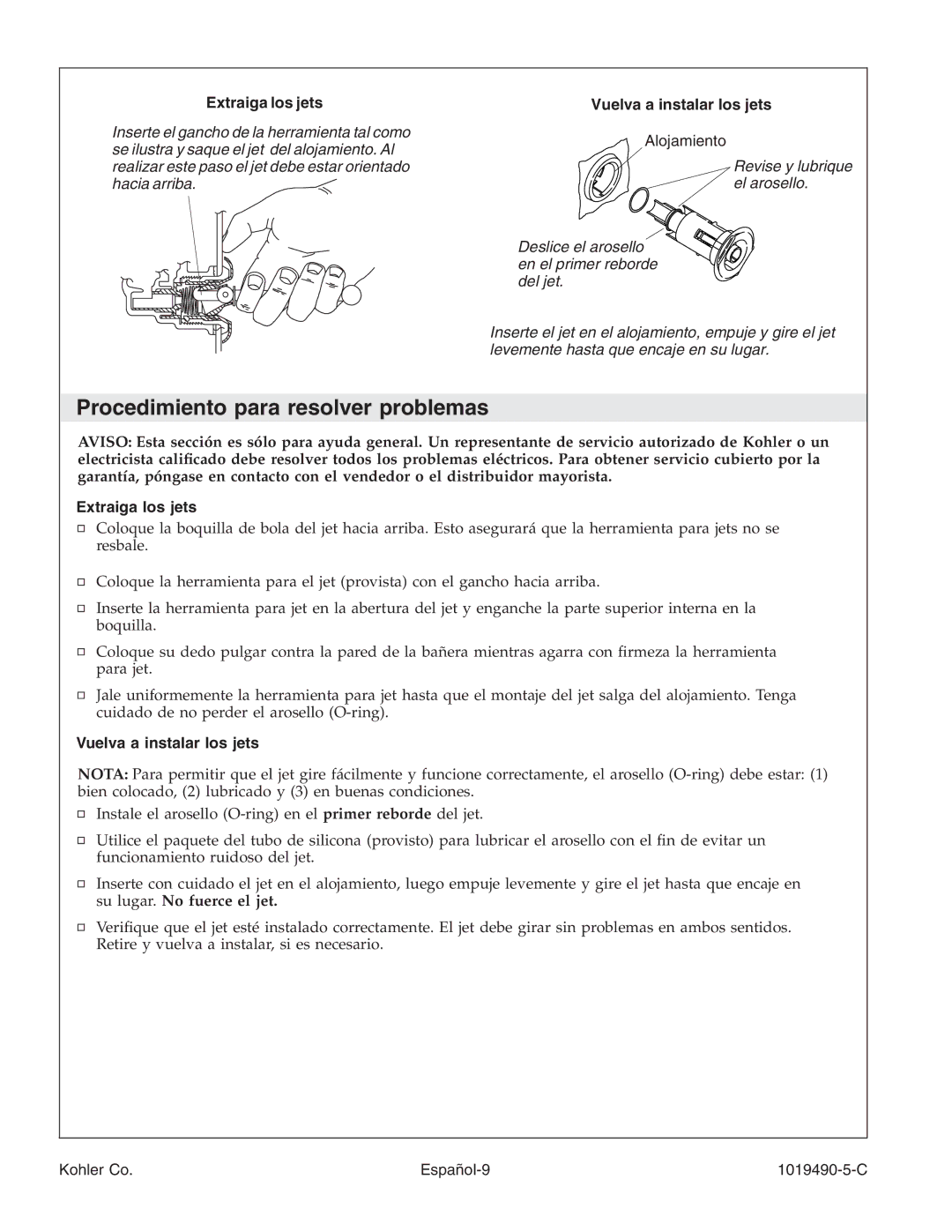 Kohler K-812-N1 manual Procedimiento para resolver problemas, Extraiga los jets, Vuelva a instalar los jets, Alojamiento 