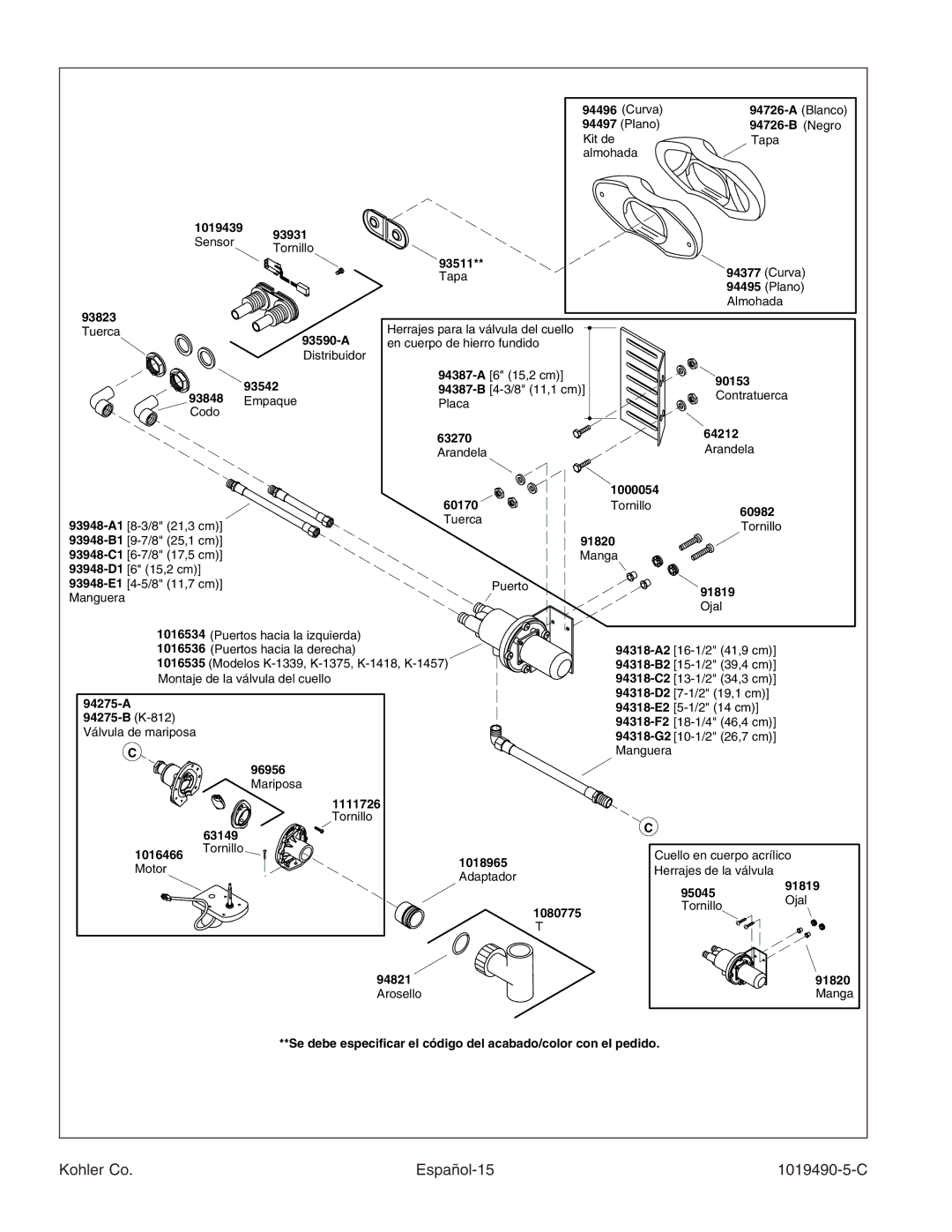 Kohler K-812-N1 manual Kohler Co Español-15 1019490-5-C 