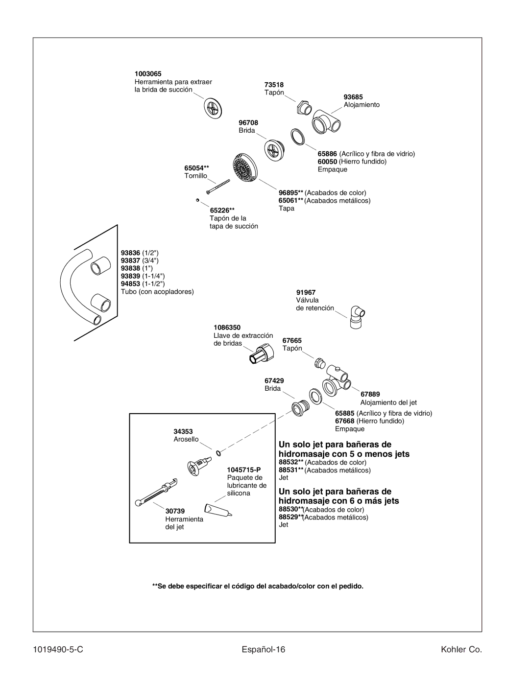 Kohler K-812-N1 manual C Español-16 Kohler Co, Paquete de lubricante de silicona 30739 