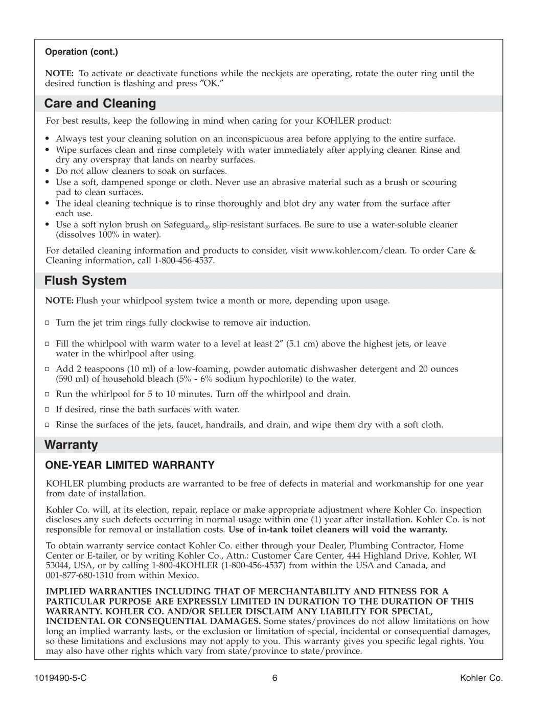 Kohler K-812-N1 manual Care and Cleaning, Flush System, Warranty, Operation 