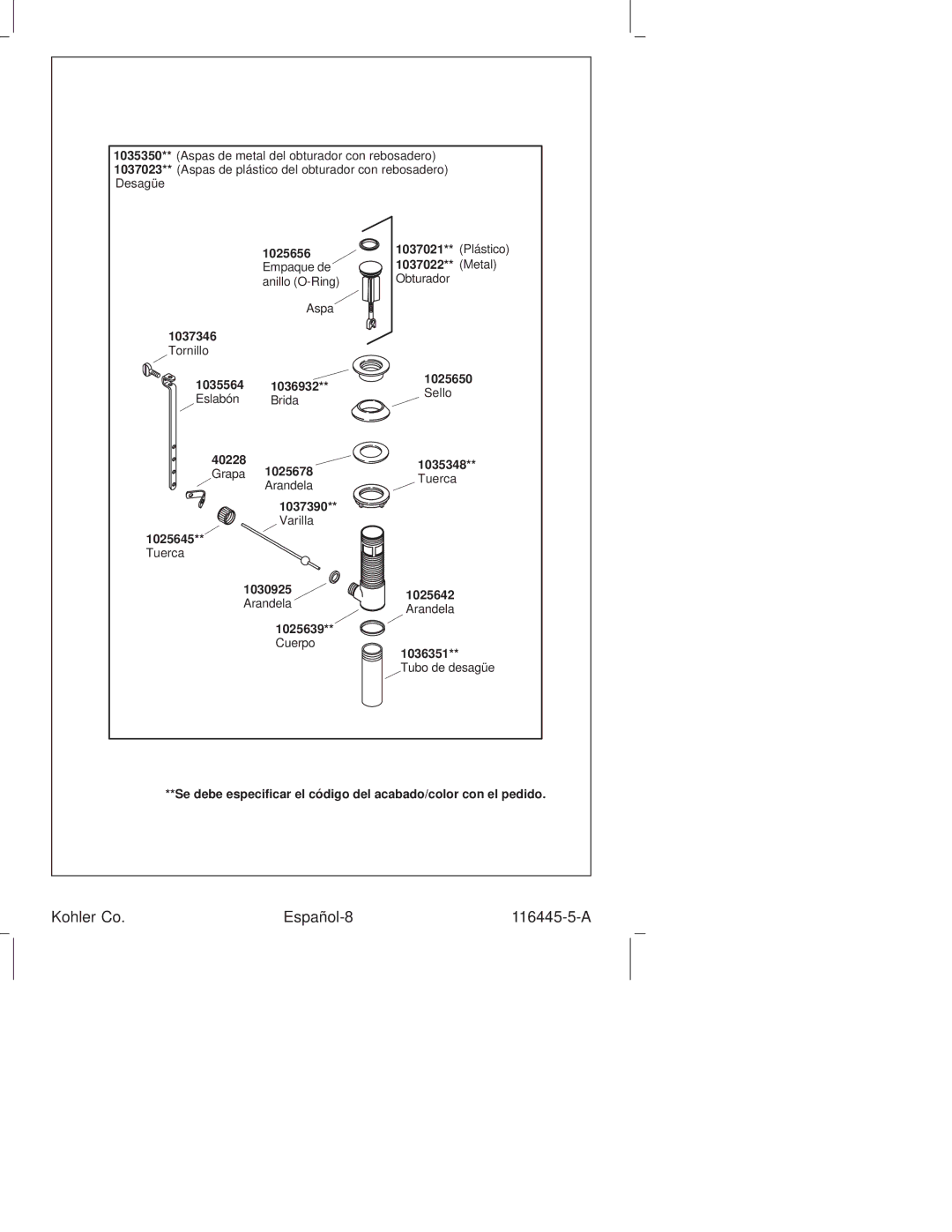 Kohler K-8212, K-8211 manual Kohler Co Español-8 116445-5-A 