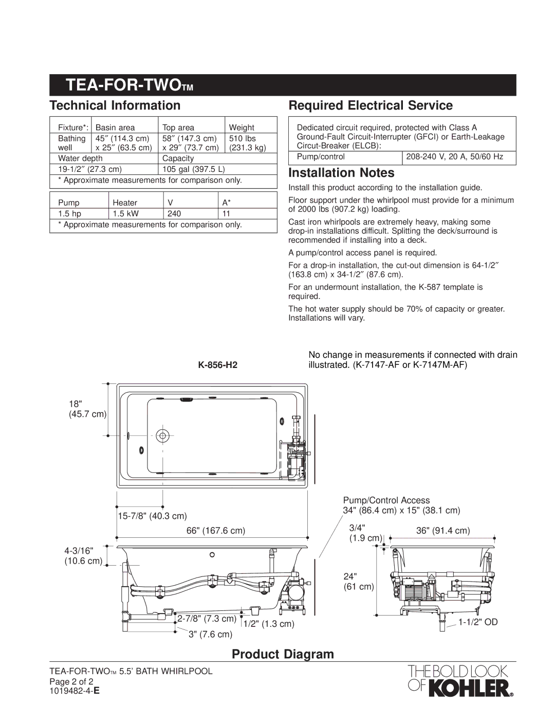 Kohler K-856-RH, K-856-H2 Technical Information, Required Electrical Service, Installation Notes, Product Diagram 