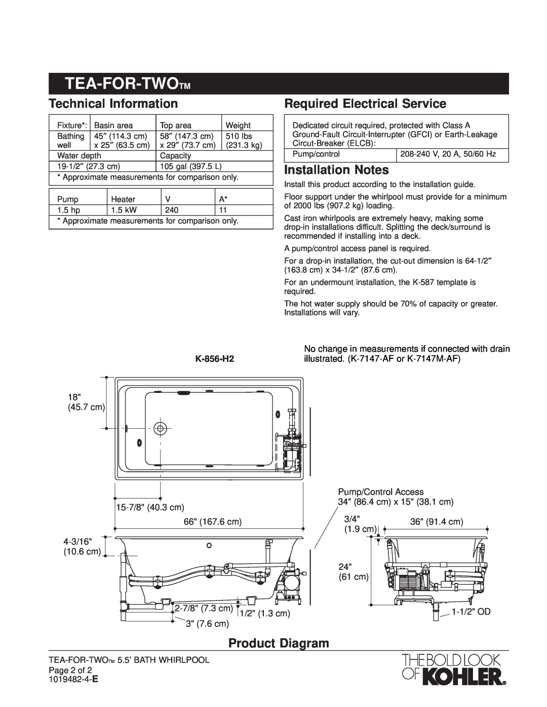 Kohler K-856-RH Technical Information, Required Electrical Service, Installation Notes, Product Diagram, K-856-H2 