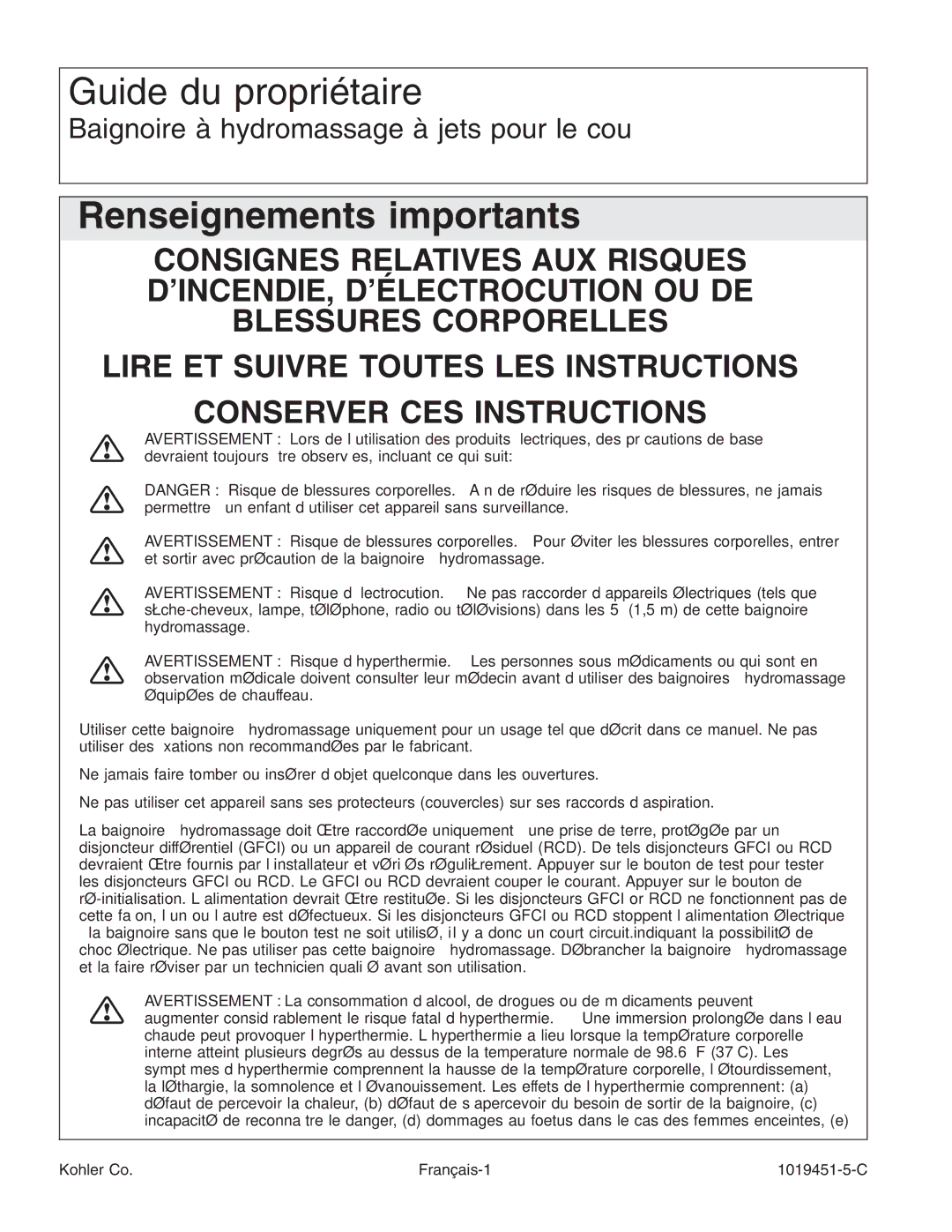 Kohler K-865 manual Renseignements importants, Kohler Co Français-1 1019451-5-C 