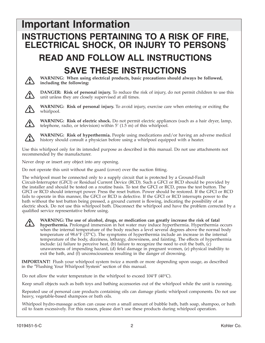 Kohler K-865 manual Important Information, C Kohler Co 