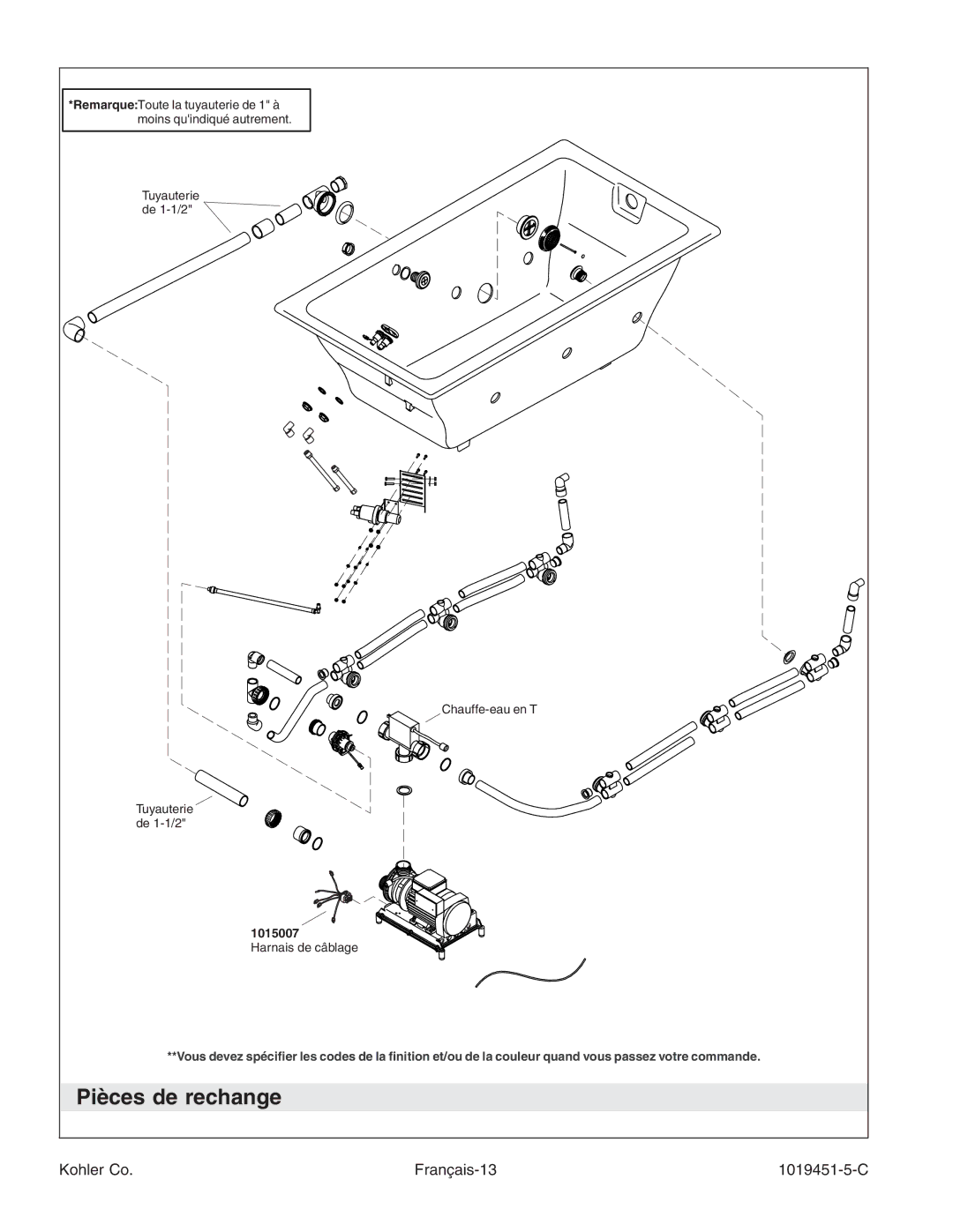 Kohler K-865 manual Pièces de rechange, Kohler Co Français-13 1019451-5-C 