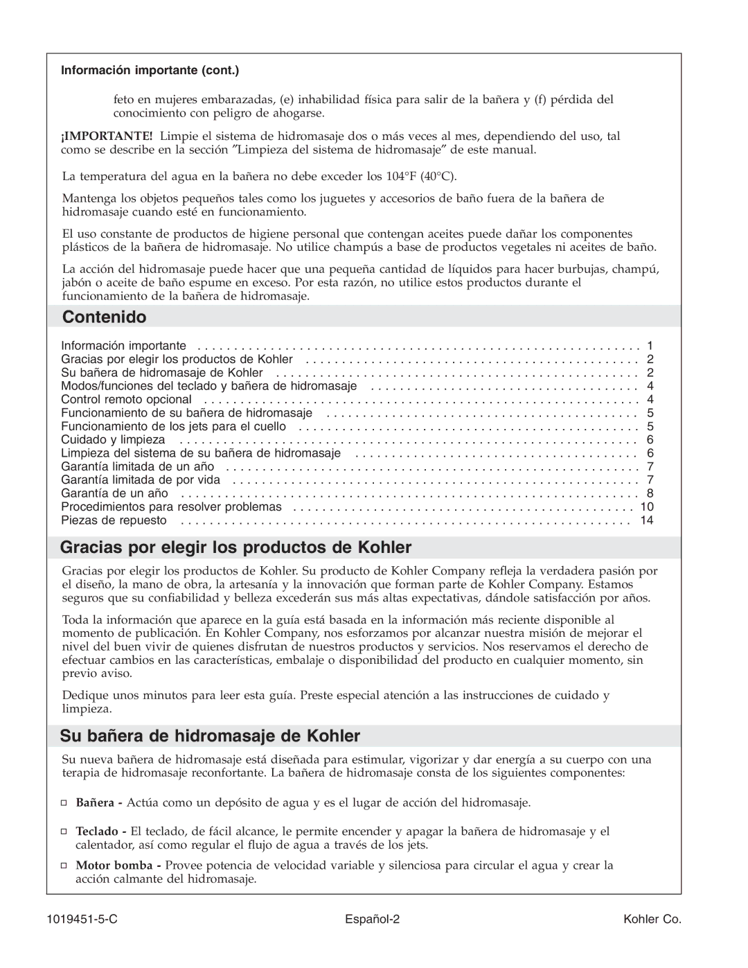 Kohler K-865 manual Contenido, Gracias por elegir los productos de Kohler, Su bañera de hidromasaje de Kohler 