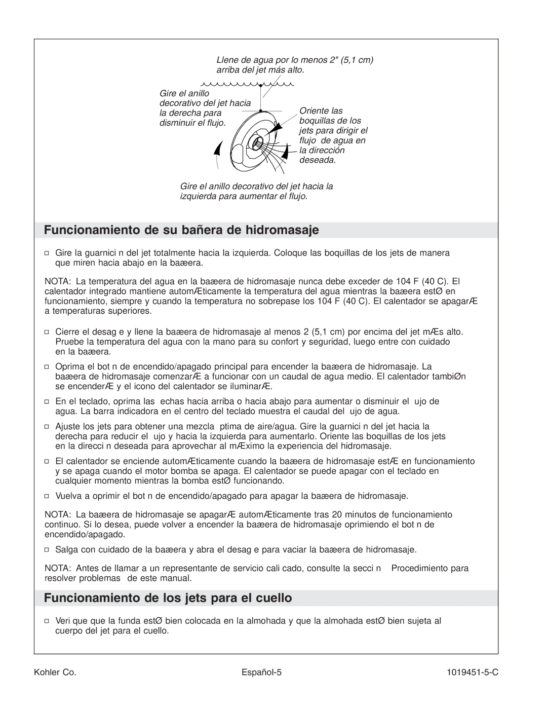 Kohler K-865 manual Funcionamiento de su bañera de hidromasaje, Funcionamiento de los jets para el cuello 