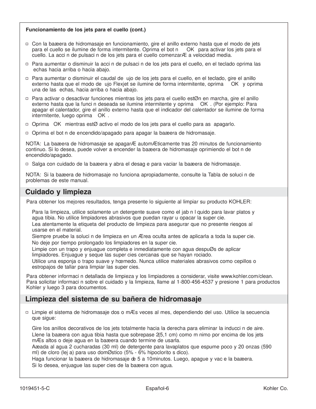 Kohler K-865 manual Cuidado y limpieza, Limpieza del sistema de su bañera de hidromasaje, C Español-6 Kohler Co 