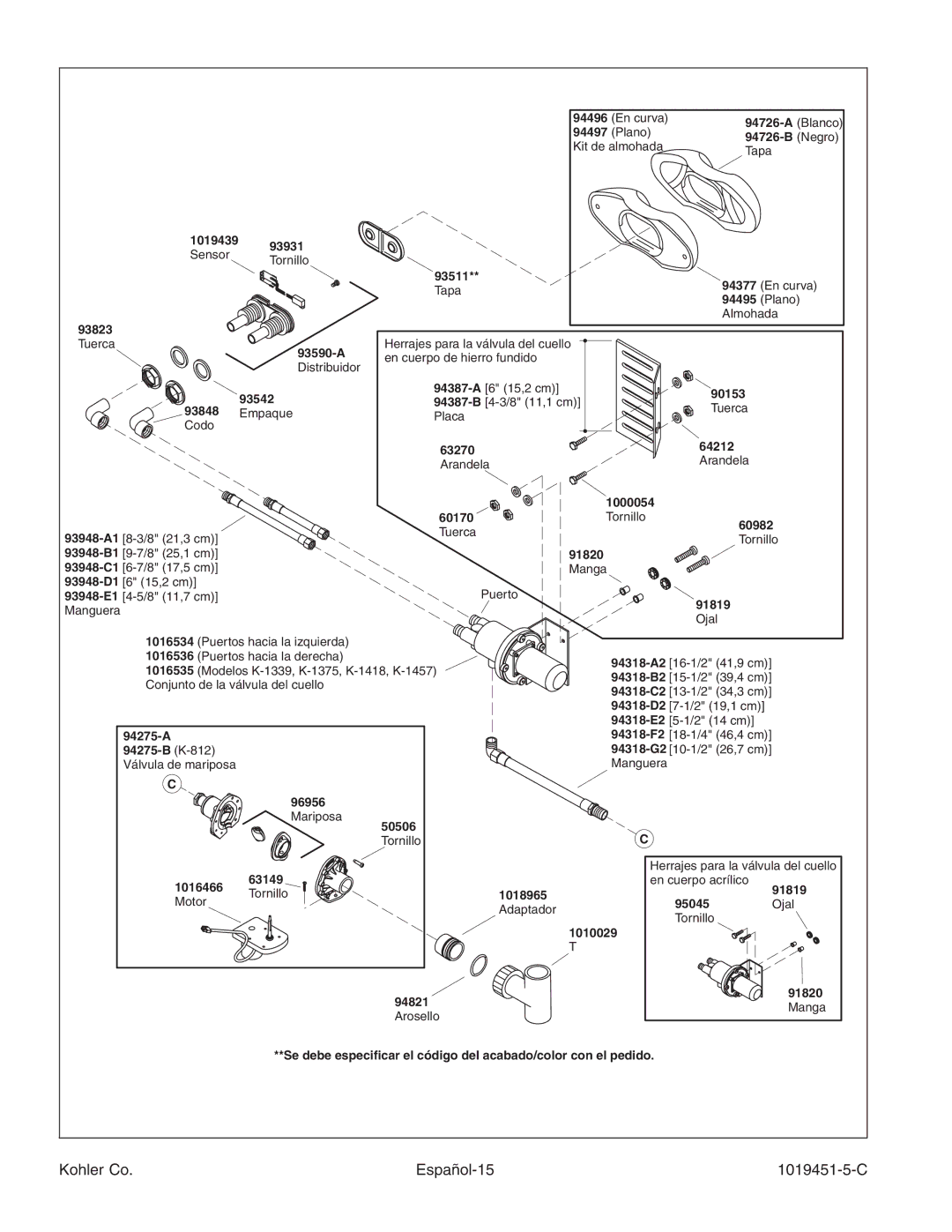 Kohler K-865 manual Kohler Co Español-15 1019451-5-C, Tornillo 