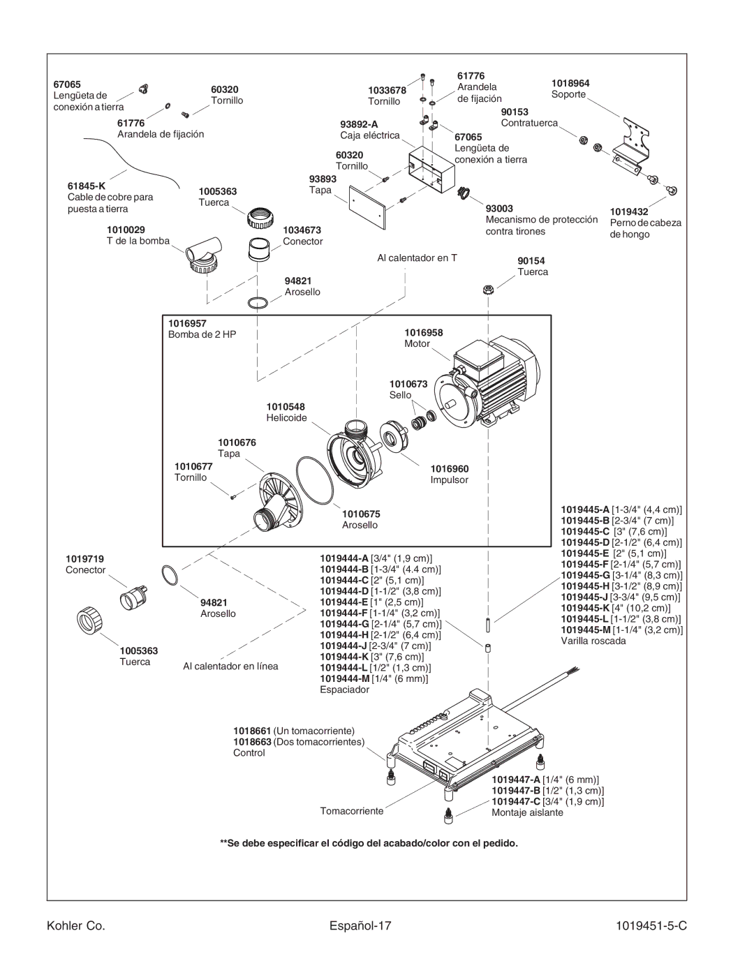 Kohler K-865 manual Kohler Co Español-17 1019451-5-C 