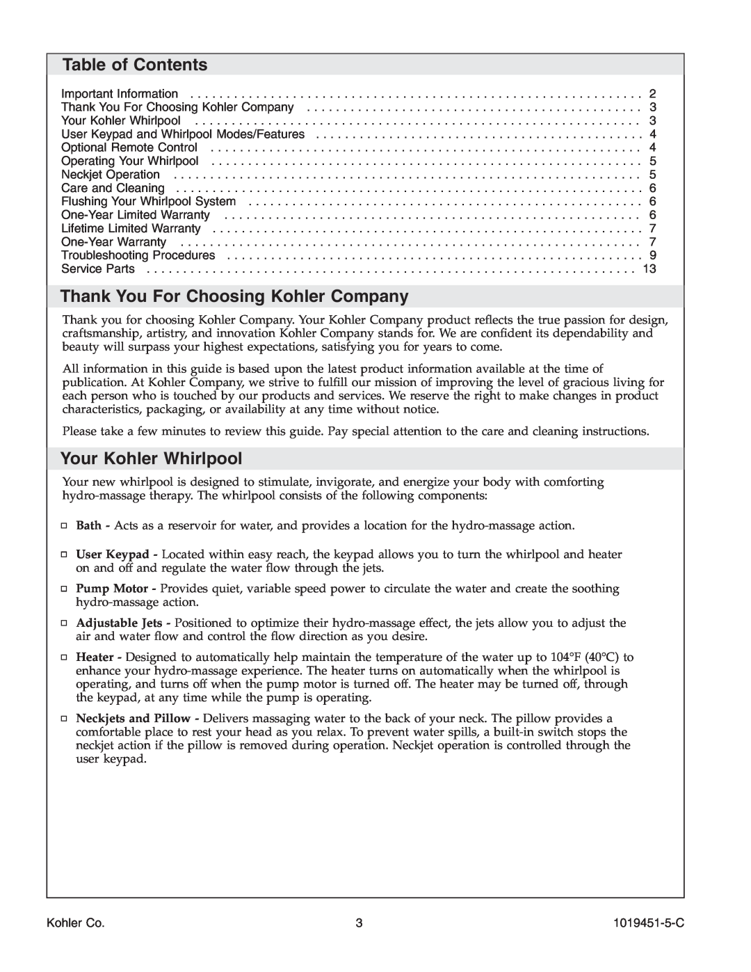 Kohler K-865 manual Table of Contents, Thank You For Choosing Kohler Company, Your Kohler Whirlpool 