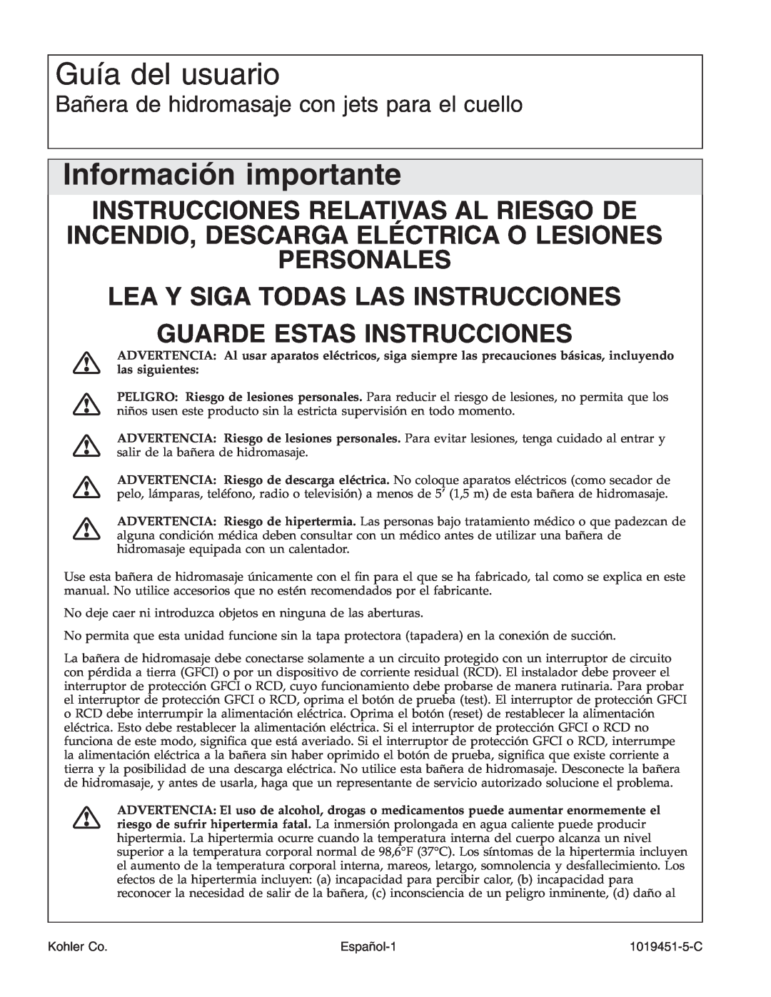 Kohler K-865 manual Guía del usuario, Información importante, Instrucciones Relativas Al Riesgo De 