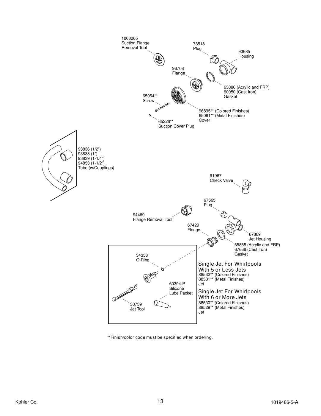 Kohler K-870, K-872 manual Single Jet For Whirlpools With 5 or Less Jets 