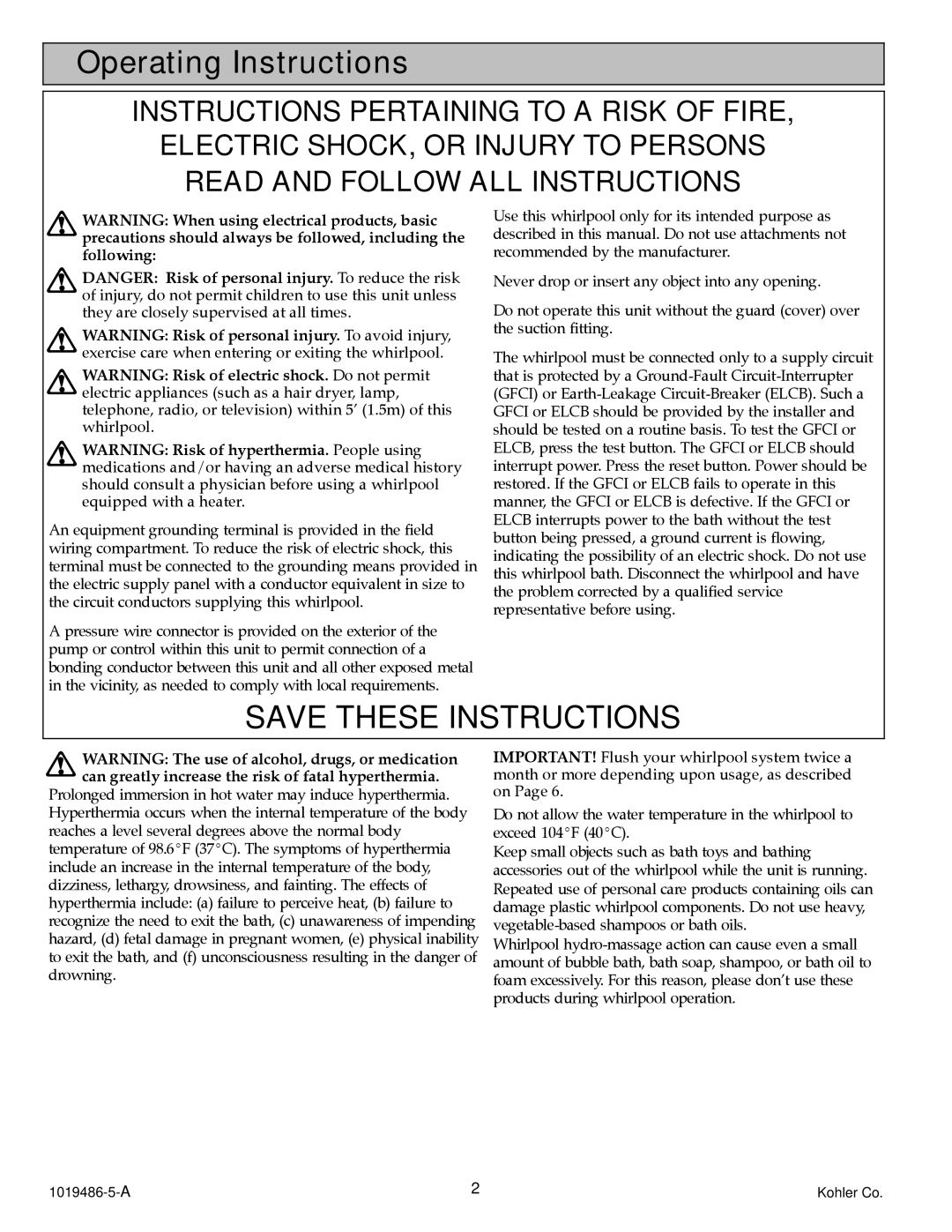 Kohler K-872, K-870 manual Operating Instructions 