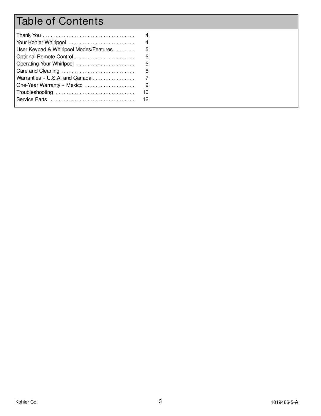 Kohler K-870, K-872 manual Table of Contents 