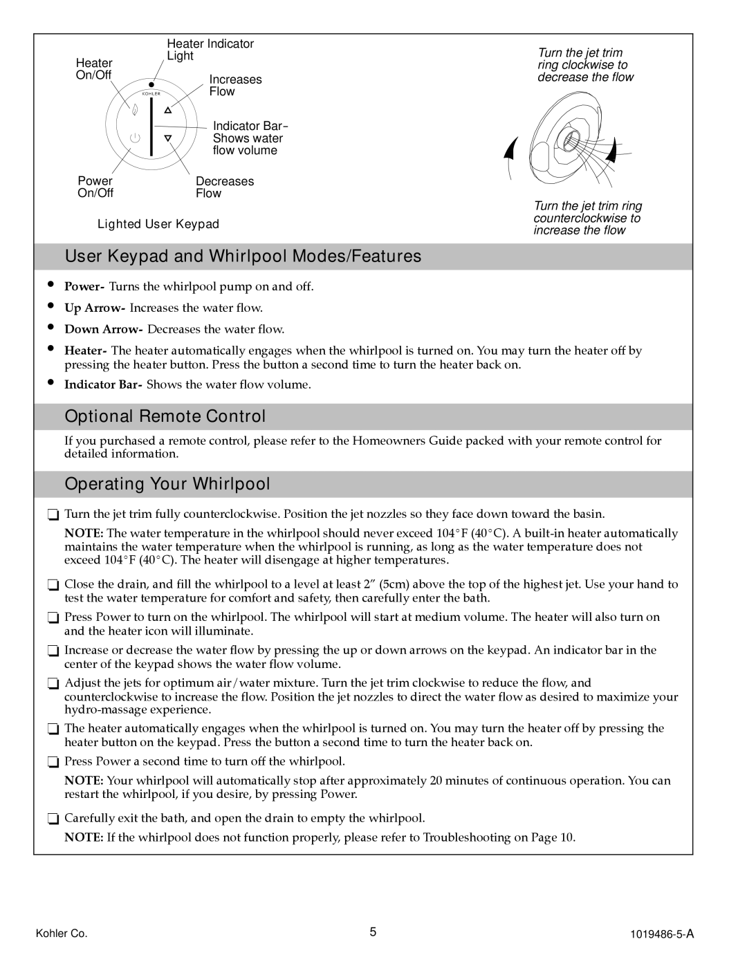 Kohler K-870, K-872 manual User Keypad and Whirlpool Modes/Features, Optional Remote Control, Operating Your Whirlpool 
