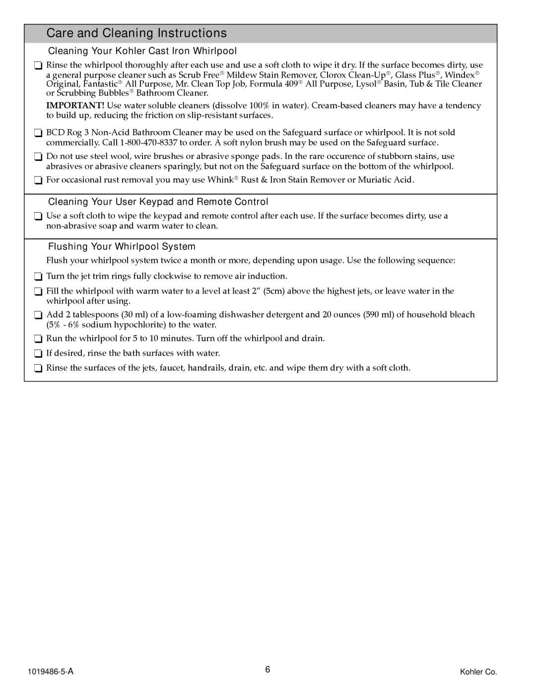 Kohler K-872, K-870 manual Care and Cleaning Instructions, Cleaning Your Kohler Cast Iron Whirlpool 