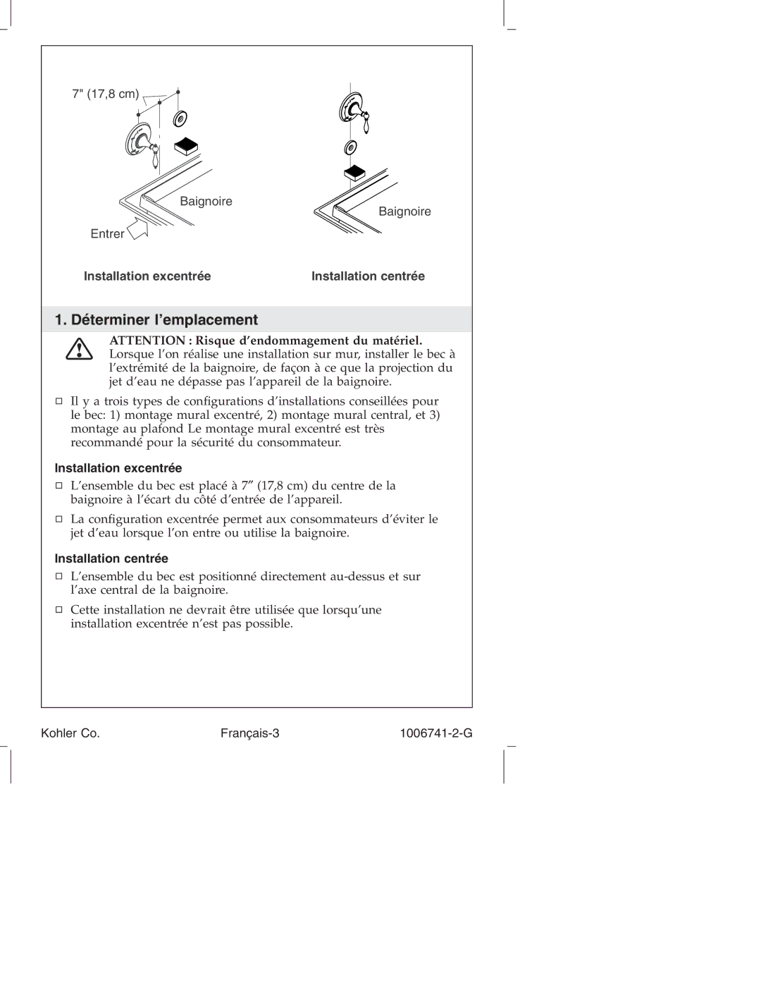 Kohler K-922/K-923 manual Déterminer l’emplacement, Installation excentrée, Installation centrée 