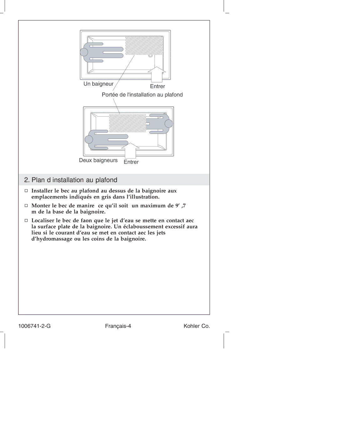 Kohler K-922/K-923 manual Plan d’installation au plafond 