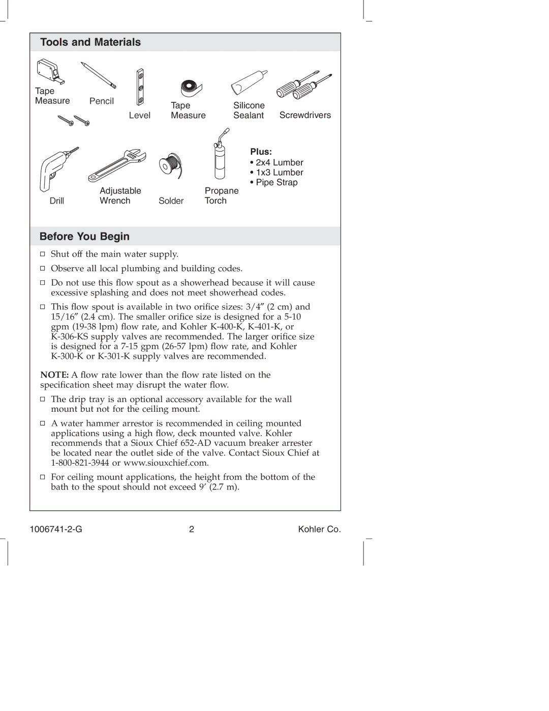 Kohler K-922/K-923 manual Tools and Materials, Before You Begin, Plus 