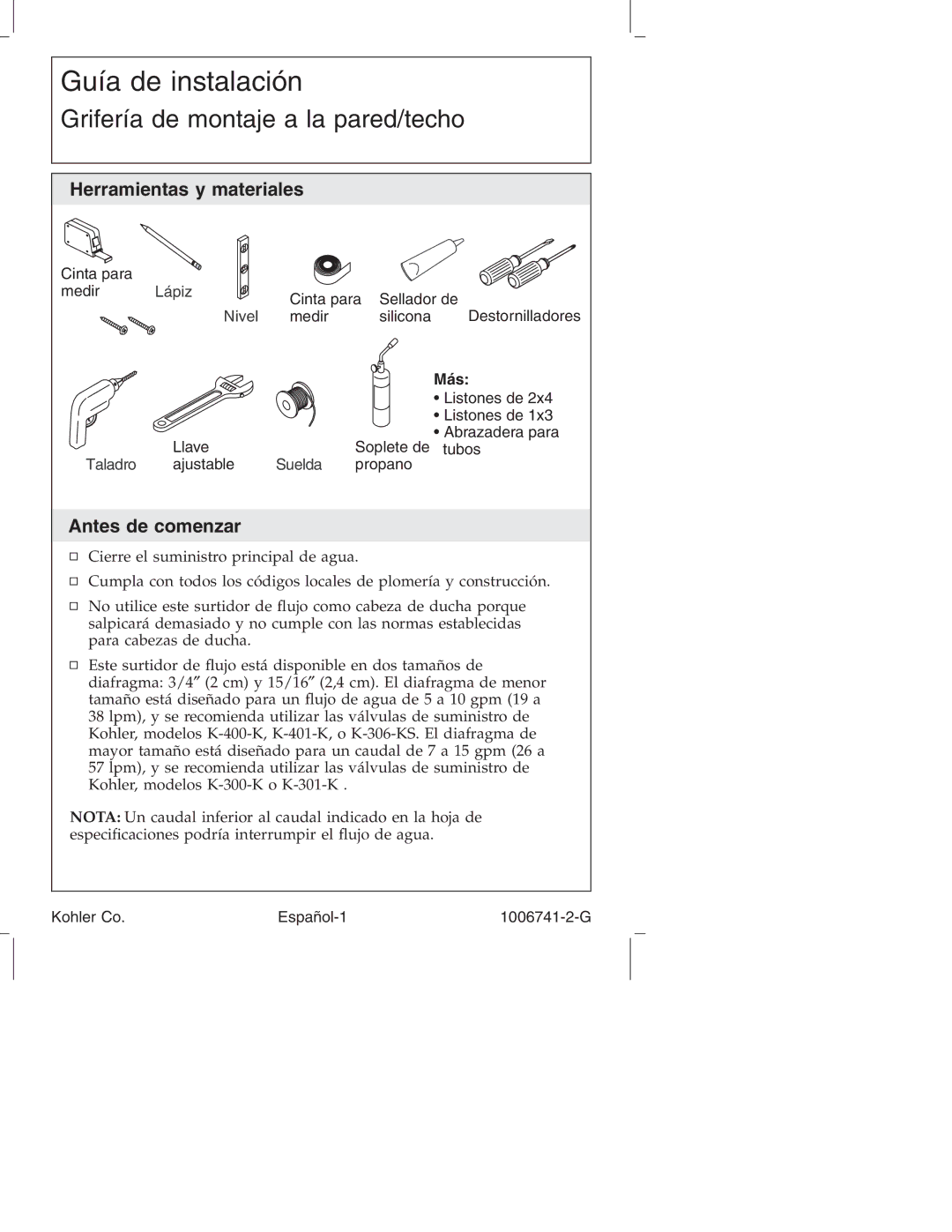 Kohler K-922/K-923 manual Herramientas y materiales, Antes de comenzar, Más 