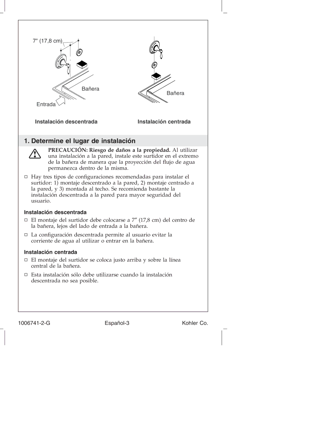 Kohler K-922/K-923 manual Determine el lugar de instalación, Instalación descentrada, Instalación centrada 