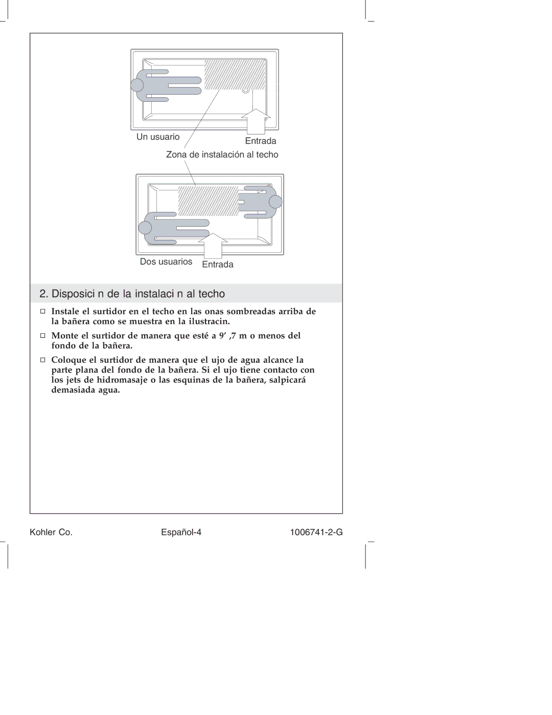 Kohler K-922/K-923 manual Disposición de la instalación al techo 