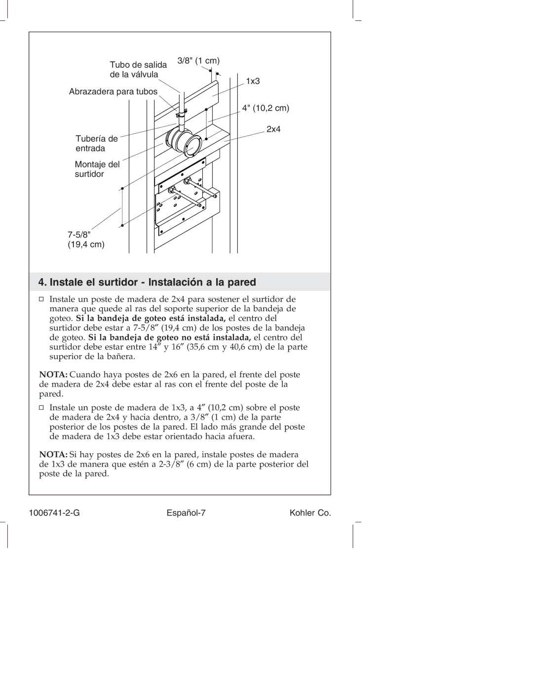 Kohler K-922/K-923 manual Instale el surtidor Instalación a la pared 