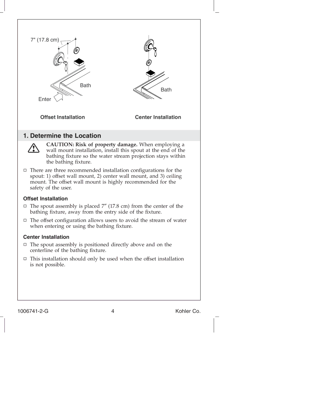 Kohler K-922/K-923 manual Determine the Location, Offset Installation, Center Installation 