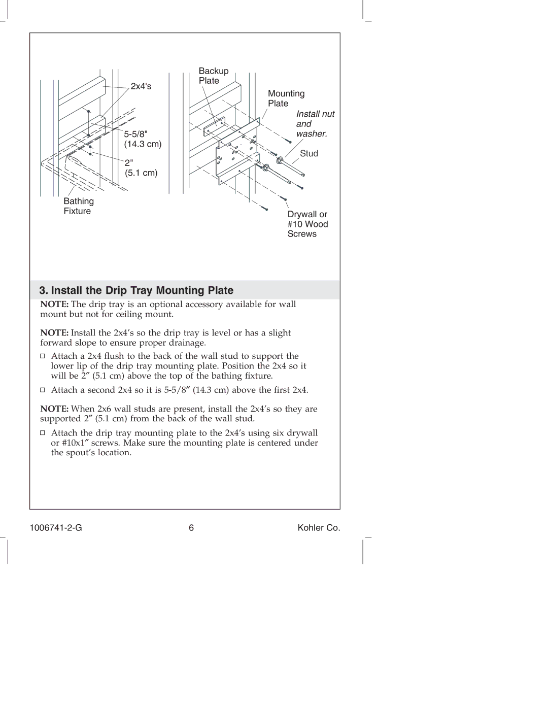 Kohler K-922/K-923 manual Install the Drip Tray Mounting Plate, Stud 