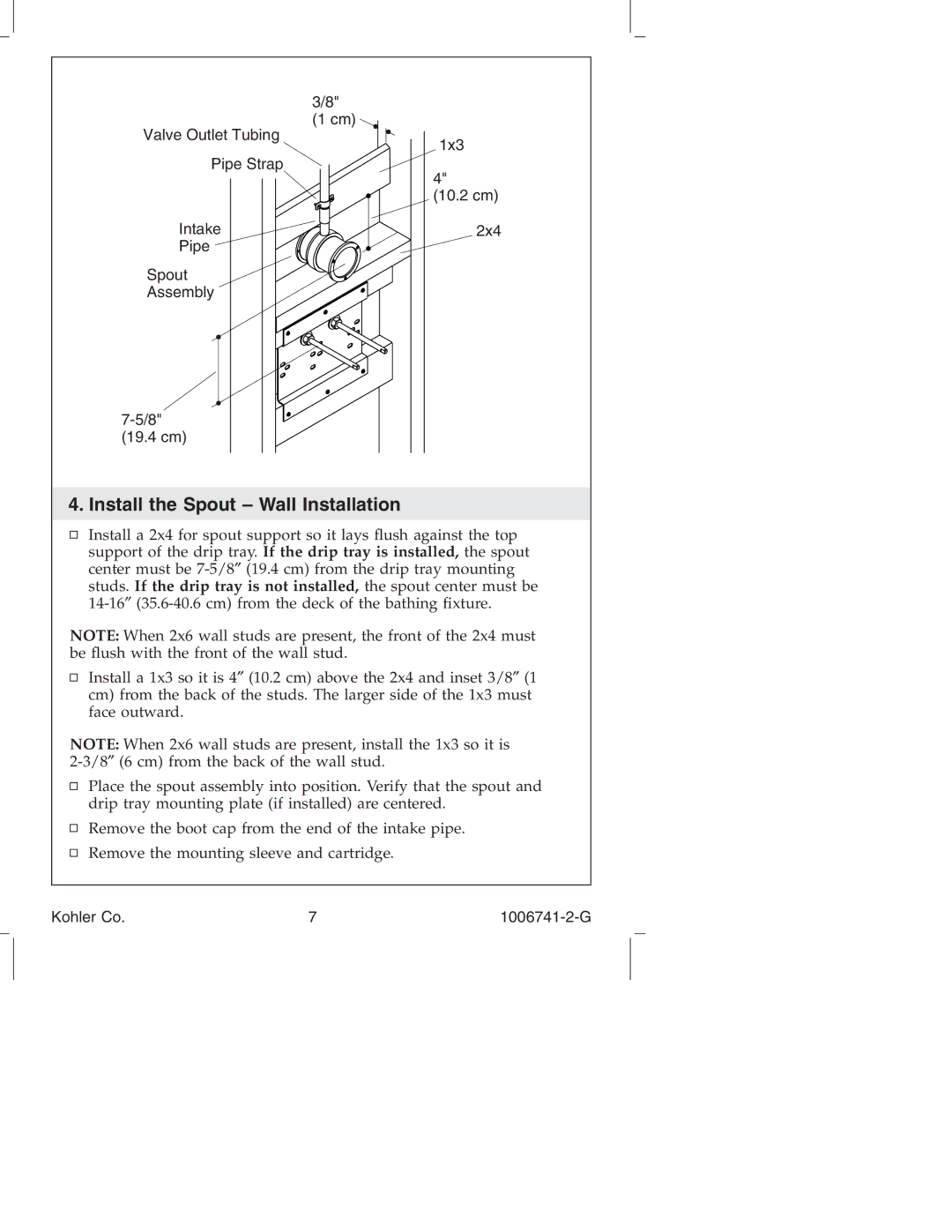 Kohler K-922/K-923 manual Install the Spout Wall Installation 