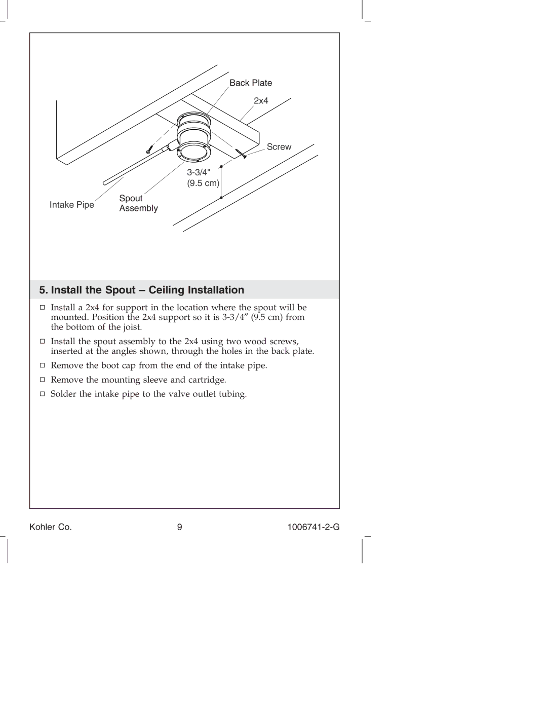 Kohler K-922/K-923 manual Install the Spout Ceiling Installation 