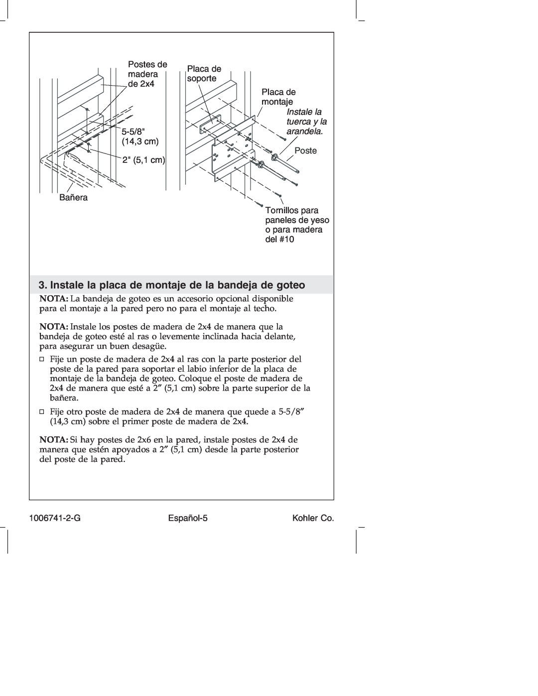 Kohler K-922/K-923 Instale la placa de montaje de la bandeja de goteo, Postes de, Placa de, madera, soporte, Español-5 