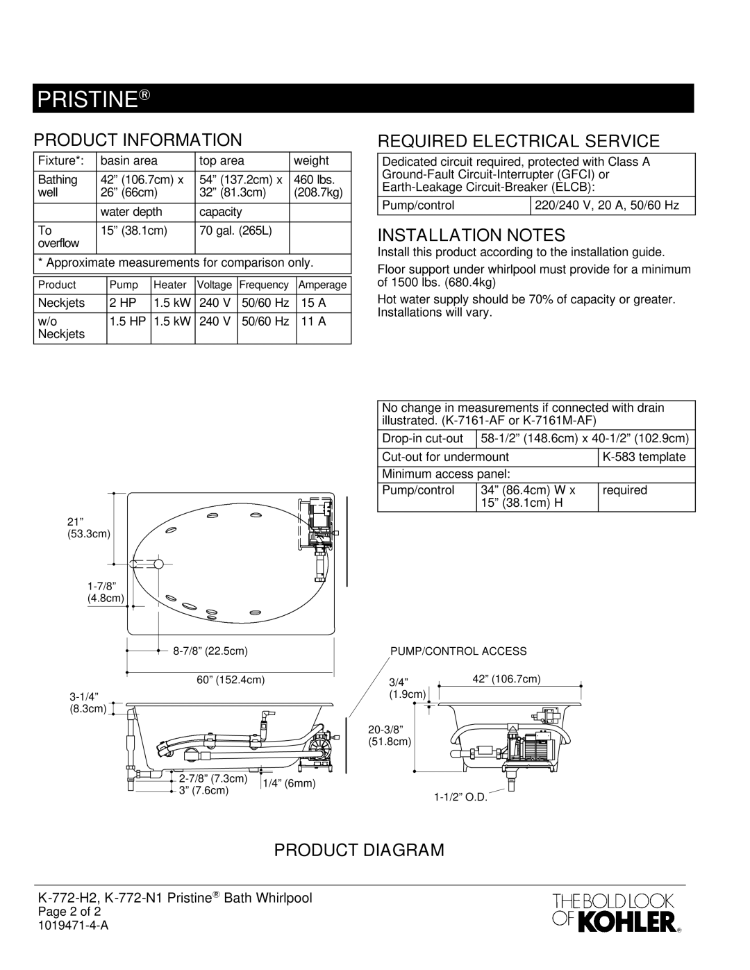 Kohler K-772-H2, K-9696, K-772-N1 Product Information, Required Electrical Service, Installation Notes, Product Diagram 